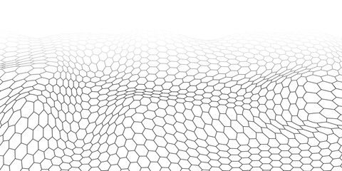Three-dimensional perspective wavy bg of hexagon graphene carbon molecule. Thin super flexible material with conductor properties. Polygonal mesh. Vector illustration © Kusandra