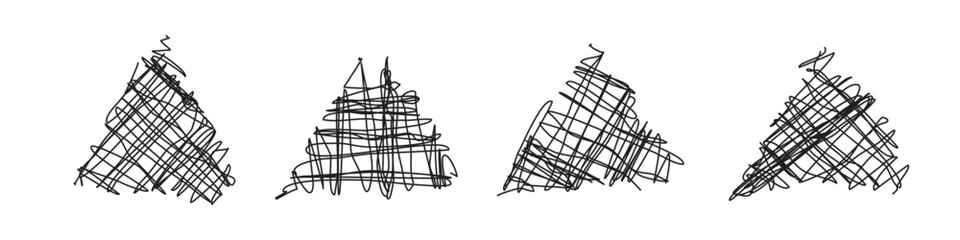 Set of triangle shapes with scrawl loops and scribbles on white bg. Carelessly hand colored rectangles. Handwritten elements. Outline graphic signs. Vector illustration