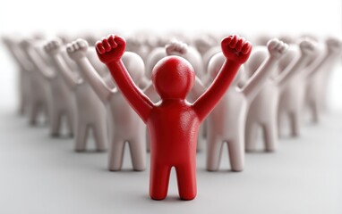 A red man stands before a crowd with arms raised in the air