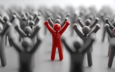A red man stands before a crowd with arms raised in the air