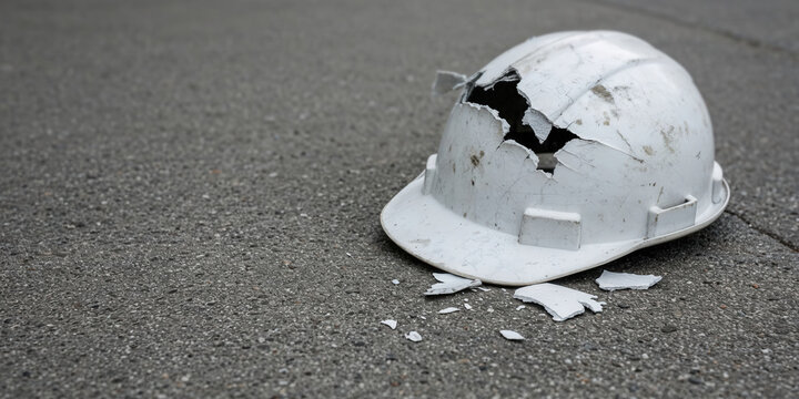 Broken cracked safety hard hat on asphalt, symbol of workplace accident, construction hazard, safety failure. Occupational injury, protective gear, jobsite risk awareness. National Safety Day