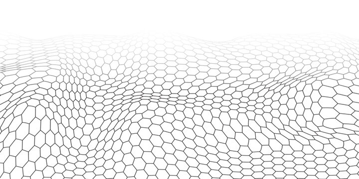 Three-dimensional perspective wavy bg of hexagon graphene carbon molecule. Thin super flexible material with conductor properties. Polygonal mesh. Vector illustration