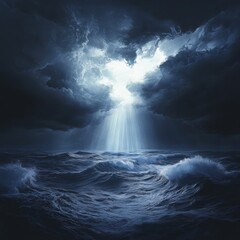 Fototapeta premium The bright sun is shining brightly through the clouds above the ocean