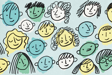 Colorful illustration of diverse and multicultural faces representing community and friendship