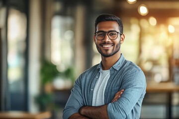 A young man in glasses and a shirt stands smiling with arms crossed