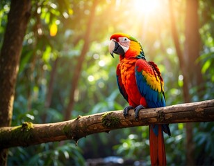 Obraz premium Vibrant parrot on Branch in Lush Tropical Forest Environment