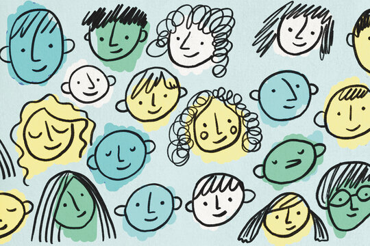 Colorful illustration of diverse and multicultural faces representing community and friendship