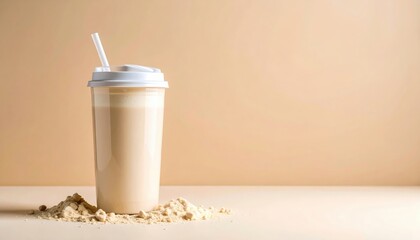 A protein shake in a plastic cup with a straw sits on a pile of protein powder against a beige background.