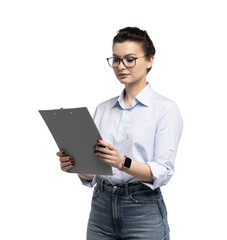 Cheerful brunette business woman in shirt, smiling confident and cheerful with folder, isolated on...