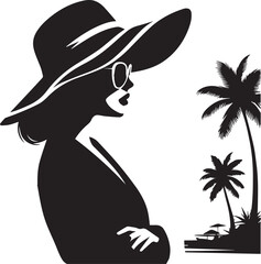 Elegant Woman in Summer Hat at Tropical Beach – Vector Silhouette Art