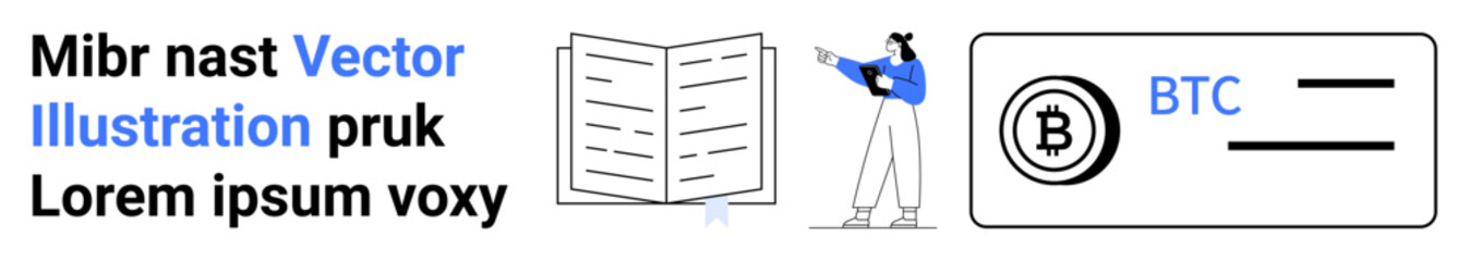 Bitcoin icon alongside open book and individual presenting charts highlights cryptocurrency education and digital finance. Ideal for fintech, blockchain, analytics, education, strategy, learning