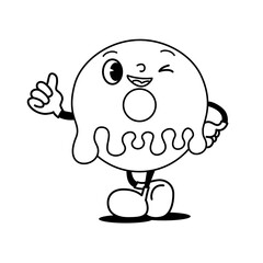 Winking donut cartoon giving thumbs up and smiling. Playful donut character with dripping glaze and a cheeky wink, giving a thumbs-up in a linear cartoon style.
