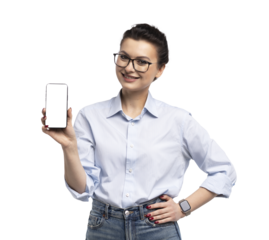 Business woman pointing at a blank smartphone screen for advertisement or mockup purposes, showcasing professionalism and innovation, isolated on transparent background
