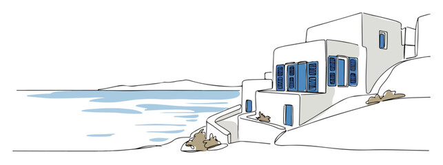 Naklejka premium coastal house with sea view greek island line sketch