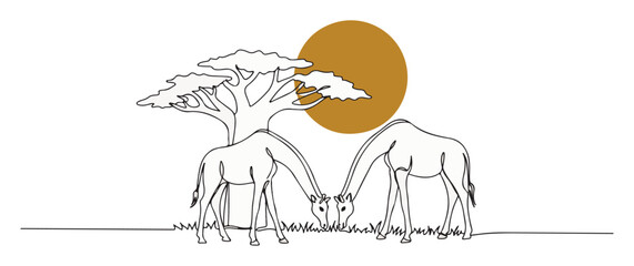 african giraffes under tree with sun monoline scene