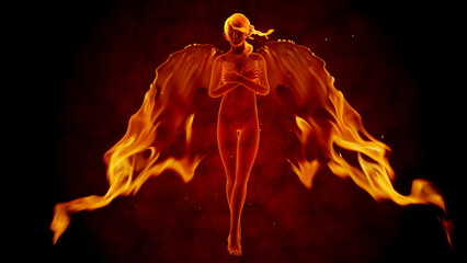  Fiery girl with flaming wings. 3d render and real fire flames.