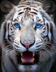 Obraz premium Nahaufnahme Porträt des Gesichts eines knurrenden weißen Tigers mit blauen Augen.