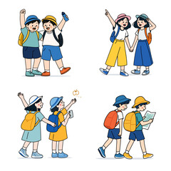 遠足を楽しむ子どもたちのイラストセット