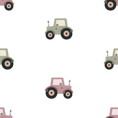 Seamless pattern with tractor. Kids background. For card, posters, banners, books, printing on the pack, clothes, fabric, wallpaper, textile or dishes.
