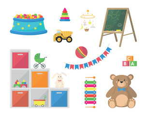 Obraz premium Set of icons of children's toys. Shelves with toys, dry pool with balls and other.