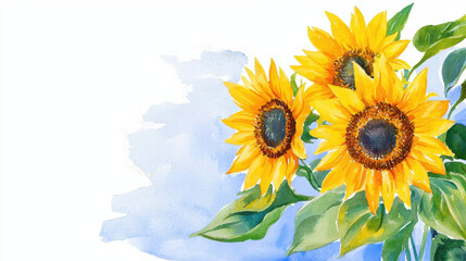 Obraz premium Watercolor illustration of vibrant sunflowers with green leaves against soft blue background, evoking cheerful and bright