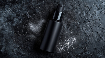 Fototapeta premium Black pump bottle on black rocky texture background. Design visual for mockup label, cosmetic for man, skincare prints