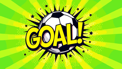 Vector pop art illustration of a soccer ball hitting the net with the word GOAL in bold yellow letters on a green radial background