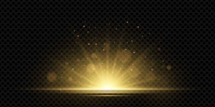 Radiant golden light burst with glowing sun rays and bokeh sparkles. Abstract flare effect with gradient beam, halo, and sunlight energy. Vector design with disco glare and magical sunshine aura.
