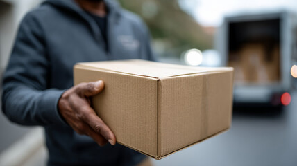 Person holding a cardboard box near a delivery truck.