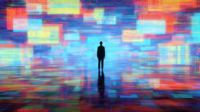 digital avatar in vivid metaverse world with floating holograms