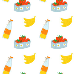 Summer seamless pattern with fruits and bottle of juice. Strawberry, banana and drink.