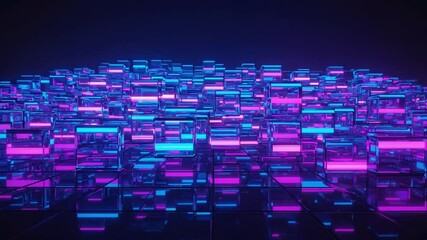 Infinite loop 3D of holographic cubes cascading in a wave-like waterfall, neon edge strip lighting pulsing, dark reflective floor, cyberpunk aesthetic, trending 3d abstract background - Powered by Adobe