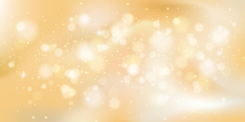 Soft golden bokeh with champagne glow and glitter texture. Dreamy abstract shine with subtle sparkle on luxury beige background. Ideal for cosmetic, holiday or festive product design.