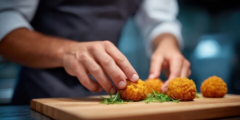 A chef arranges crispy golden croquettes on a wooden board, garnished with fresh herbs in a professional kitchen.
