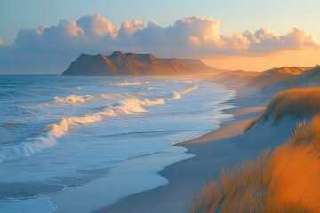 Sunset coastal dunes, ocean waves, island. Travel, nature
