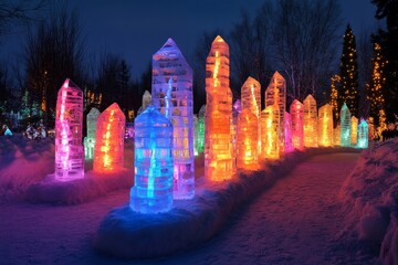 vibrant ice sculptures glowing under colorful evening lights at a winter festival, Generative AI