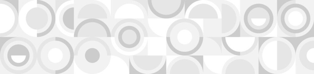 White trendy seamless background of circles and squares in modern Scandinavian style. Cover of gray geometric shapes in retro texture for wallpaper or packaging.