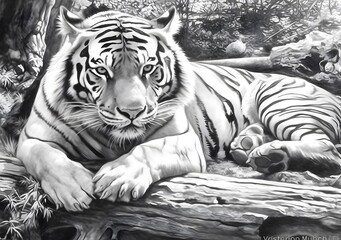 A line art drawing of an adult tiger resting on the branch. © Airakit Studio