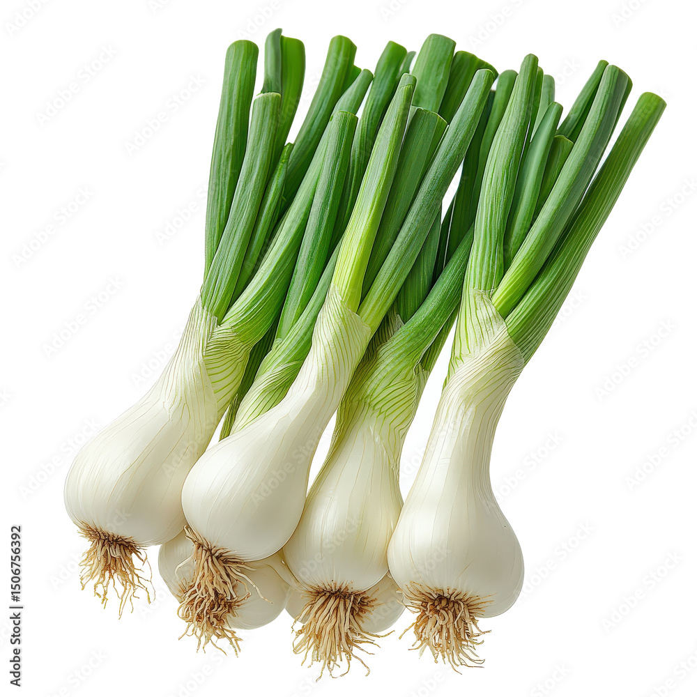 Poster fresh spring onions with green tops and white bases are isolated on transparency background, showcas
