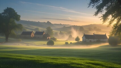 A peaceful village landscape bathed in soft alfajar light with dew-covered grass and mist rising from the earth