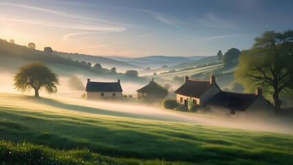 A peaceful village landscape bathed in soft alfajar light with dew-covered grass and mist rising from the earth