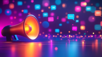 Gold Megaphone Amplifying Speech Bubbles Illuminated On Dark Reflective Surface