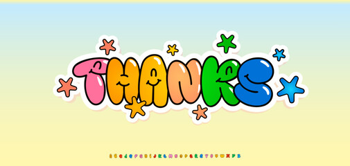 Happy cartoon bubble letters, word thanks. Colorful inflated text with smiling faces and stars. Great for kids birthday cards, fun party invites, school posters, stickers. Vector illustration.