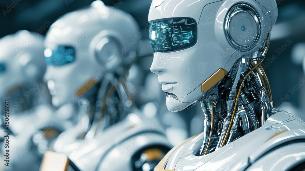 Poster futuristic robots with digital interfaces in a modern laboratory setting