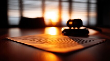 Fototapeta premium Diverse legal team reviewing important case documents at sunset with gavel in foreground