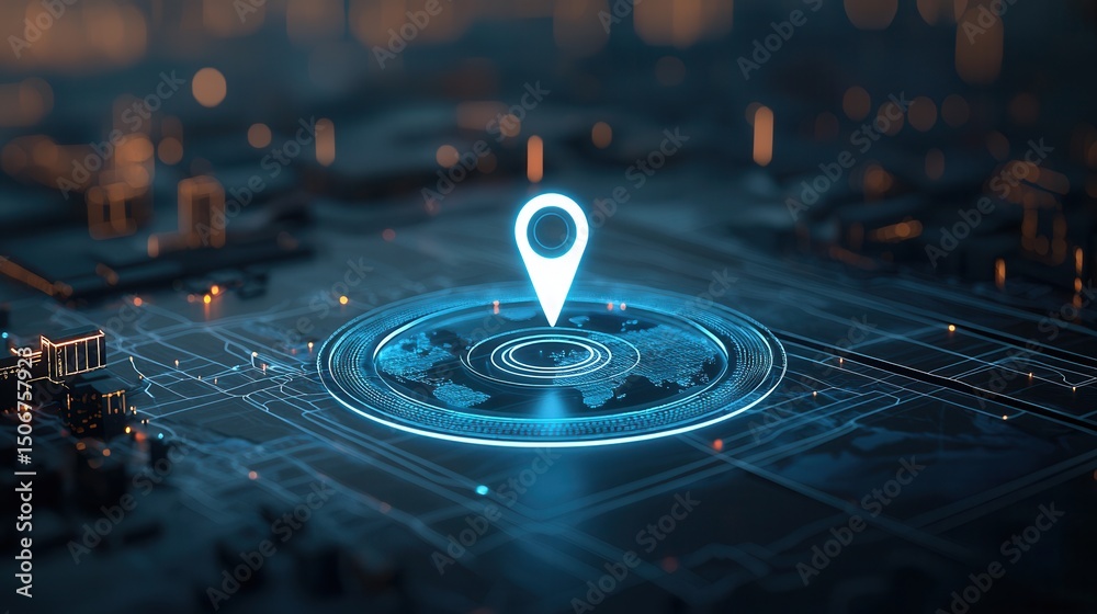 Poster this futuristic digital depicts a glowing navigation pin hovering over a detailed world map represen
