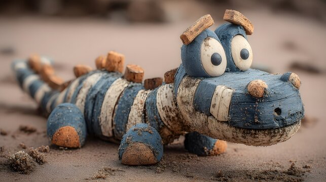 Lustiges handgemachtes Krokodilspielzeug aus Ton im Sand
