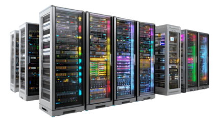 Data center server racks glowing vibrant colors technology infrastructure