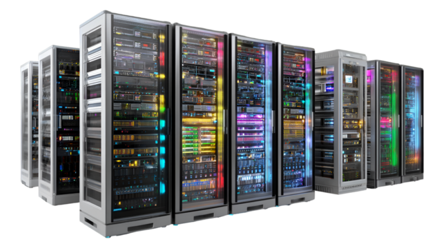 Data center server racks glowing vibrant colors technology infrastructure