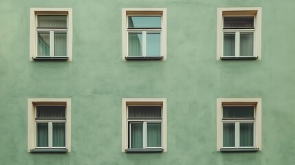 Fototapeta premium Six Rectangular Windows On Green Painted Building Exterior In Daylight With Beige Frames And Partially Open Shutters